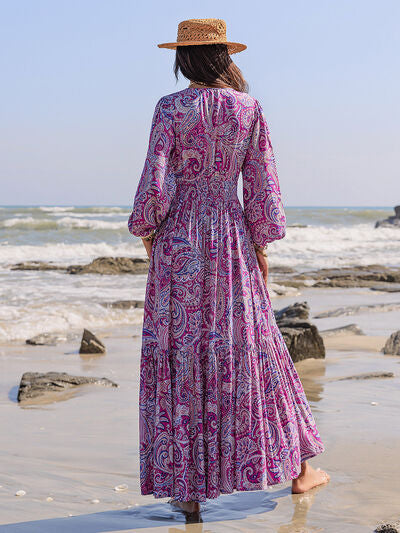 Printed Tie Neck Balloon Sleeve Maxi Dress - Pahabu - Women's Clothing & Shop