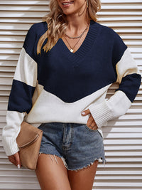 Color Block V-Neck Sweater - Pahabu - Women's Clothing & Shop