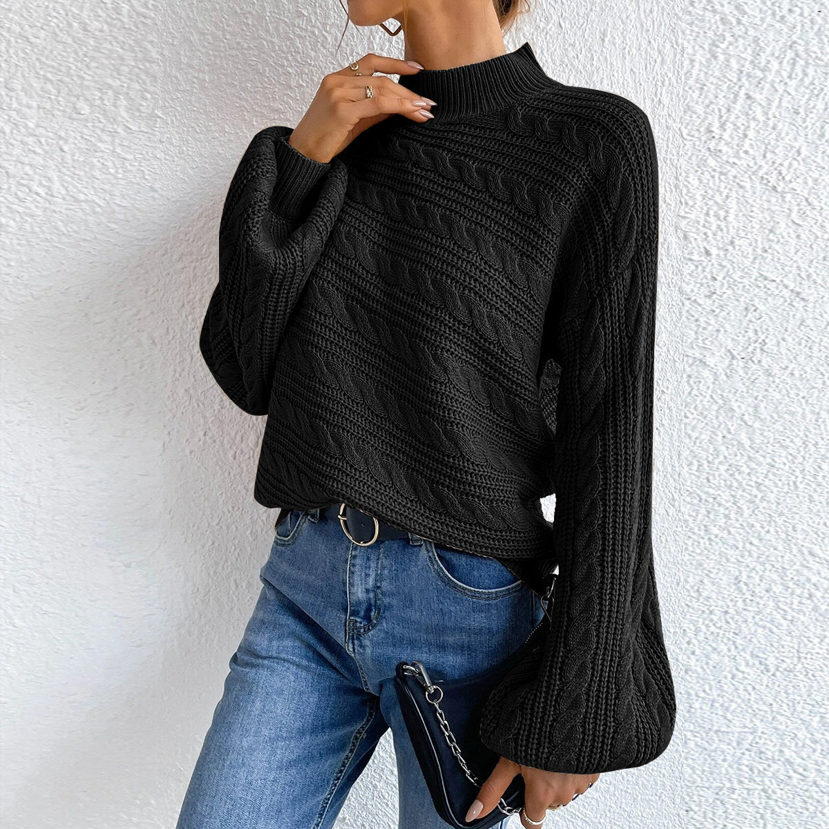 Cable-Knit Mock Neck Long Sleeve Sweater - Pahabu - Women's Clothing & Shop