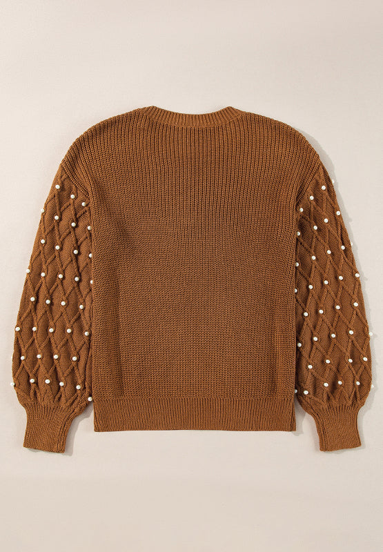 Pearl Detail Round Neck Long Sleeve Sweater - Pahabu - Women's Clothing & Shop