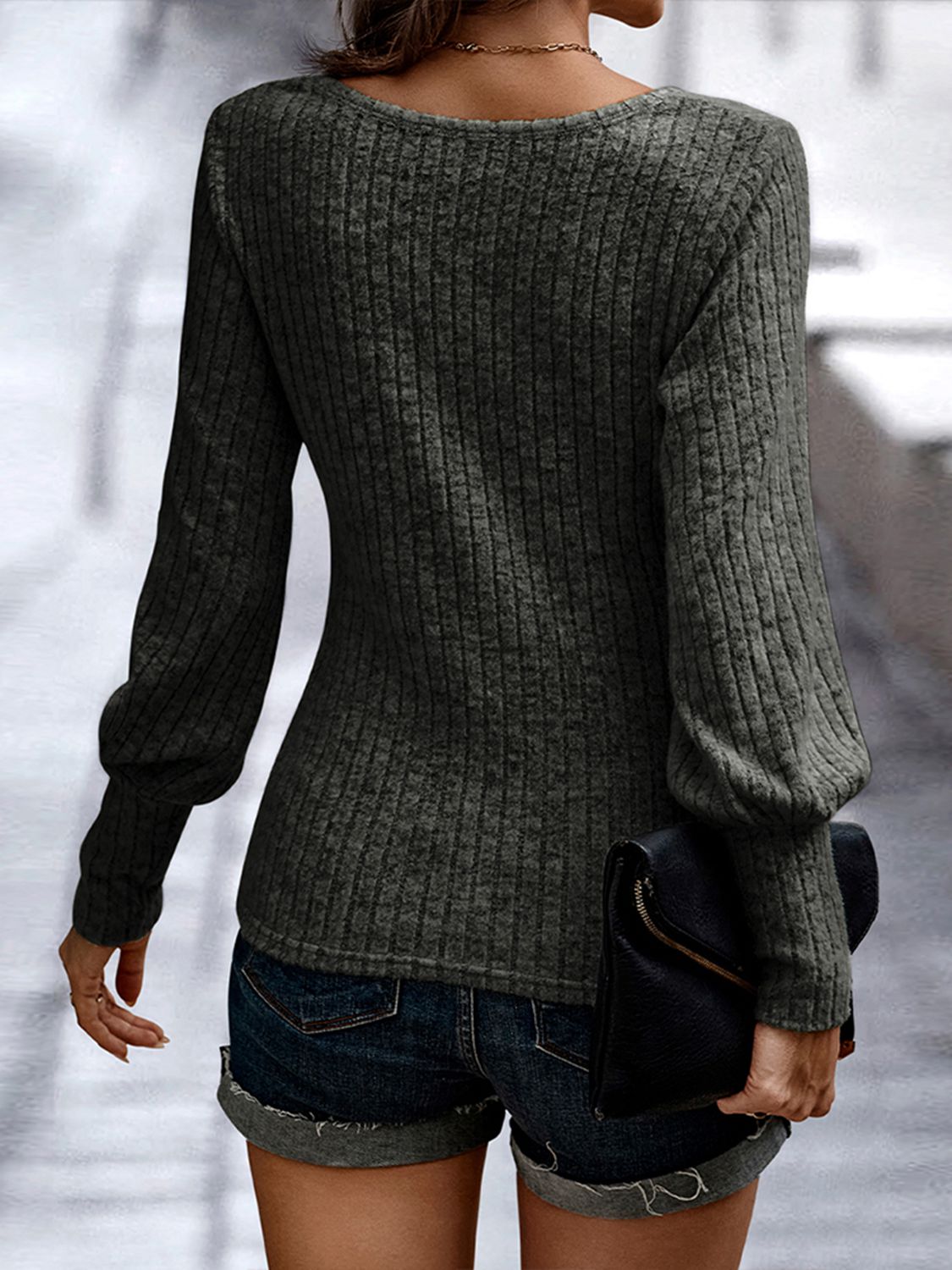 Shiny Ribbed Round Neck Long Sleeve Blouse - Pahabu - Women's Clothing & Shop