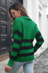 Striped Johnny Collar Sweater - Pahabu - Women's Clothing & Shop