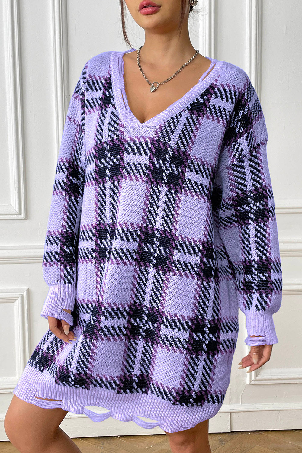 Plaid V-Neck Long Sleeve Sweater Dress - Pahabu - Women's Clothing & Shop