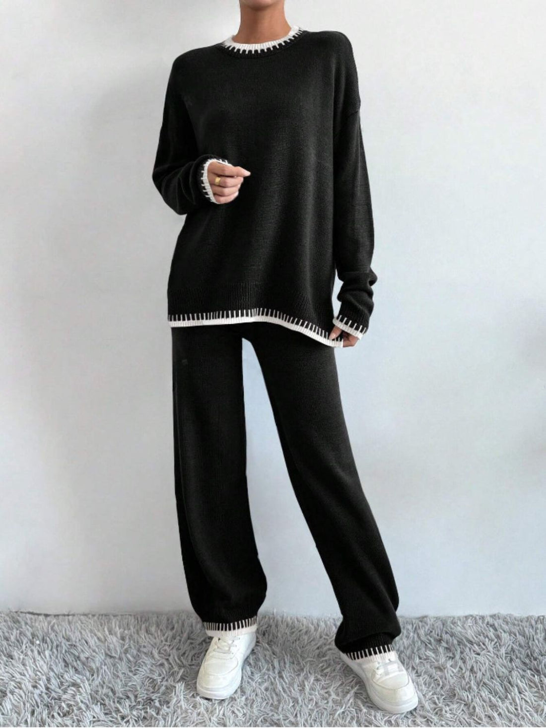 Side Slit Contrast Trim Round Neck Top and Pants Sweater Set - Pahabu - Women's Clothing & Shop