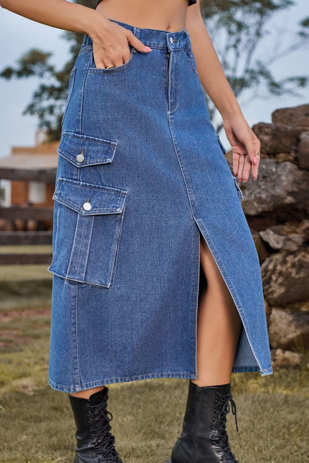 Slit Front Midi Denim Skirt with Pockets - Pahabu - Women's Clothing & Shop