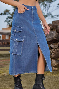 Slit Front Midi Denim Skirt with Pockets - Pahabu - Women's Clothing & Shop