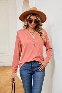 Buttoned Notched Neck Long Sleeve Top - Pahabu - Women's Clothing & Shop