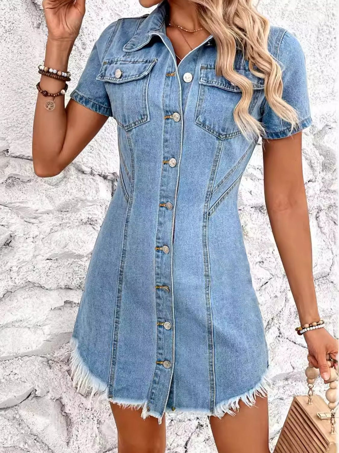 Raw Hem Button Up Short Sleeve Denim Dress - Pahabu - Women's Clothing & Shop