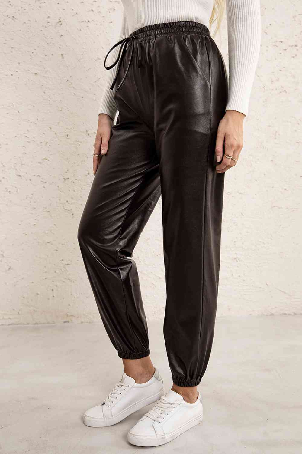 Ivy Lane Elastic Waist PU Leather Joggers - Pahabu - Women's Clothing & Shop