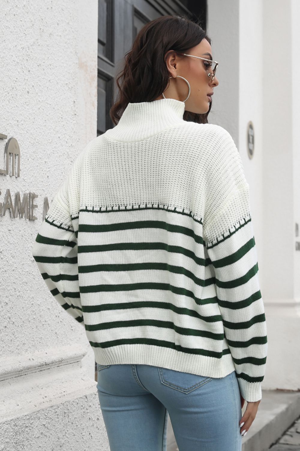 Striped Turtleneck Drop Shoulder Sweater - Pahabu - Women's Clothing & Shop