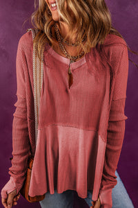 Notched Neck Long Sleeve Slit Blouse - Pahabu - Women's Clothing & Shop