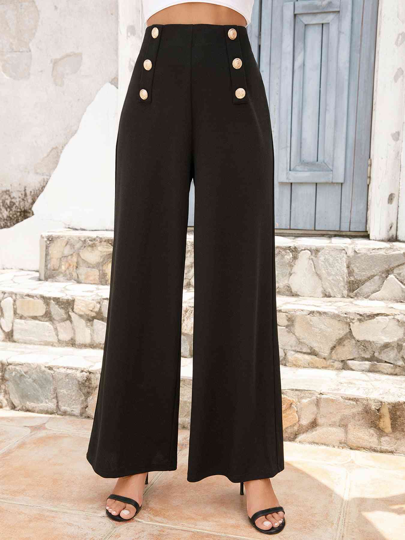 Buttoned High Waist Relax Fit Long Pants - Pahabu - Women's Clothing & Shop