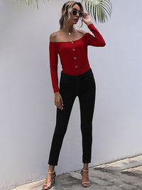 Perfee Decorative Button Off-Shoulder Long Sleeve Bodysuit - Pahabu - Women's Clothing & Shop