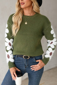 Flower Round Neck Long Sleeve Sweater - Pahabu - Women's Clothing & Shop
