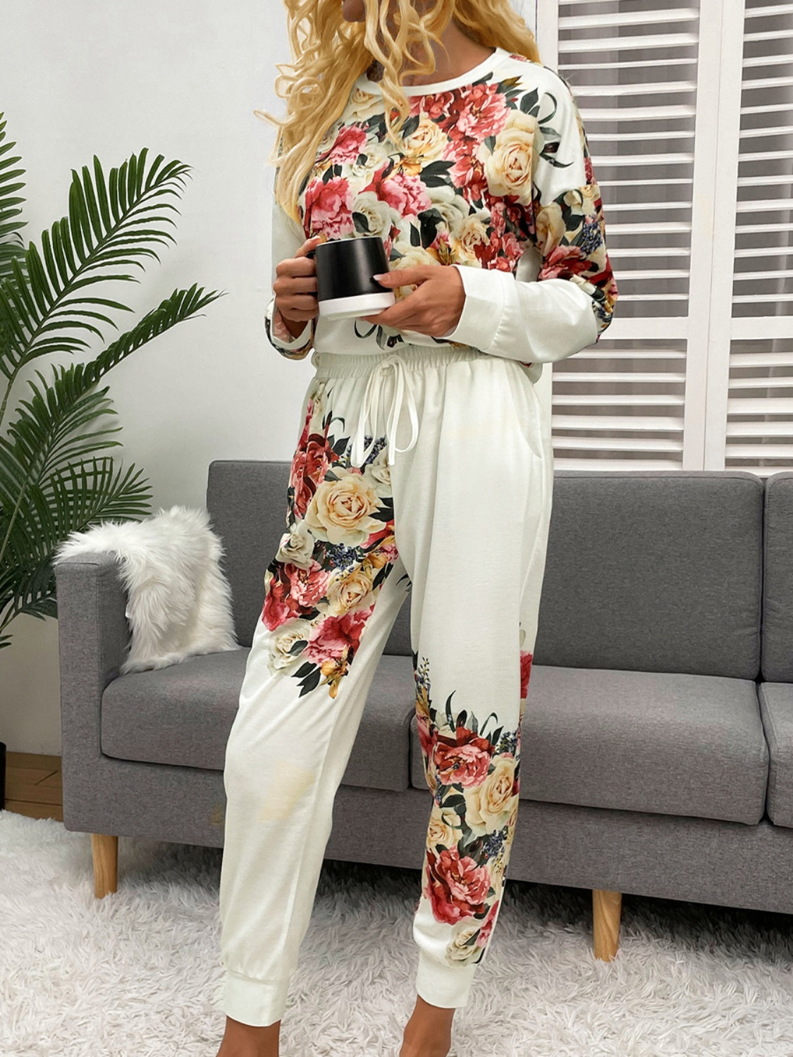 Shiny Printed Round Neck Top and Pants Lounge Set - Pahabu - Women's Clothing & Shop
