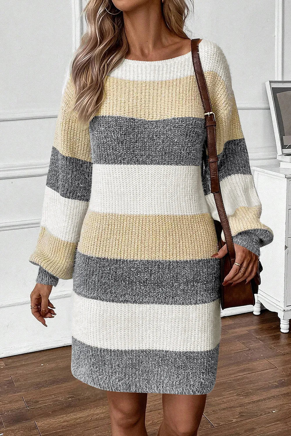 Color Block Boat Neck Long Sleeve Sweater Dress - Pahabu - Women's Clothing & Shop