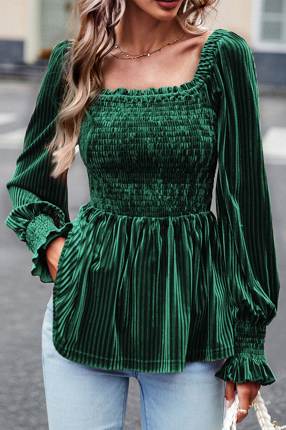 Smocked Ribbed Velvet Babydoll Top - Pahabu - Women's Clothing & Shop