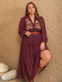 Plus Size Embroidered Polka Dot Tie Neck Long Sleeve Midi Dress - Pahabu - Women's Clothing & Shop