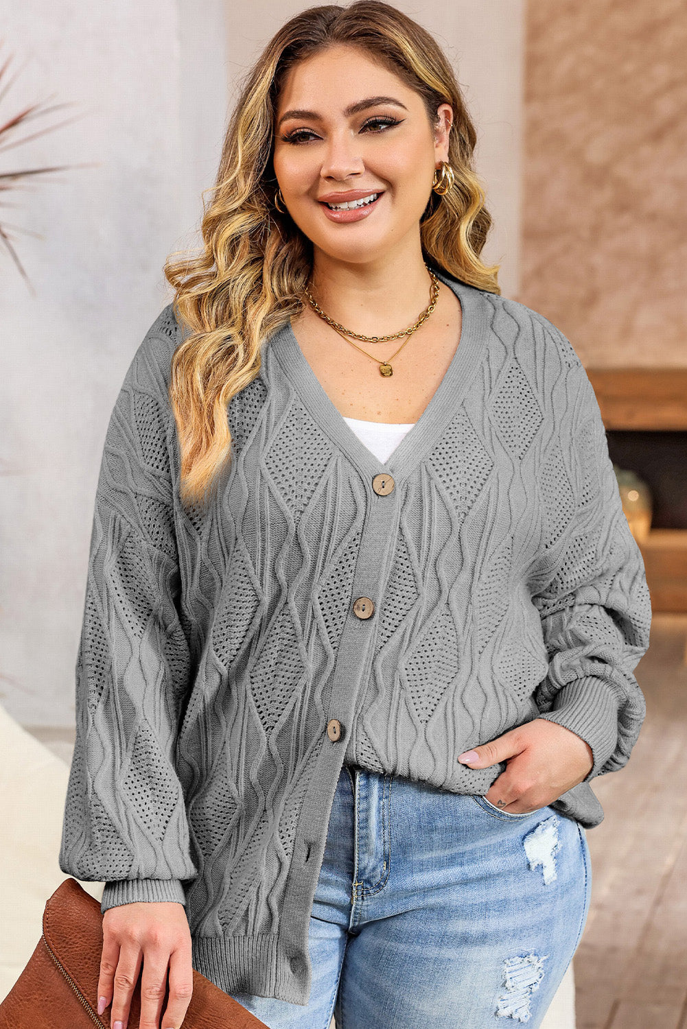 Plus Size Cable-Knit Button Up Sweater - Pahabu - Women's Clothing & Shop