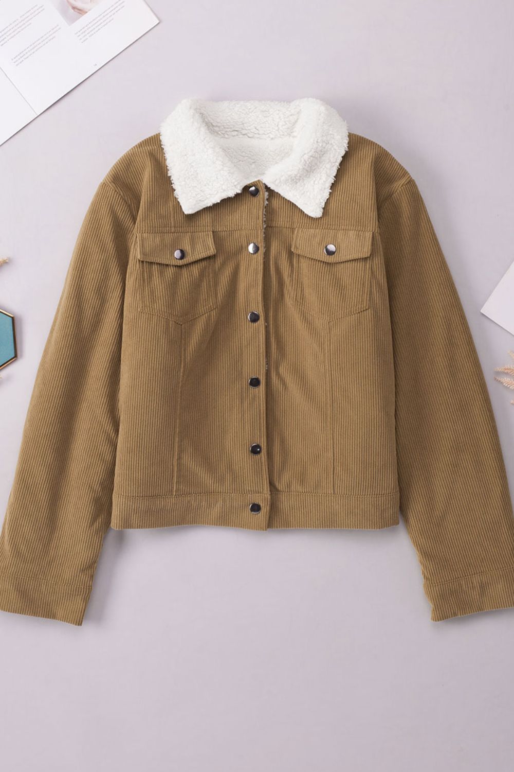 Corduroy Collared Neck Snap Down Jacket - Pahabu - Women's Clothing & Shop