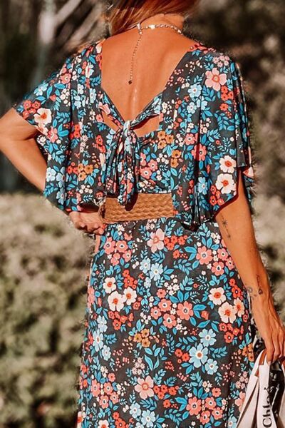 Tied Printed Round Neck Half Sleeve Dress - Pahabu - Women's Clothing & Shop