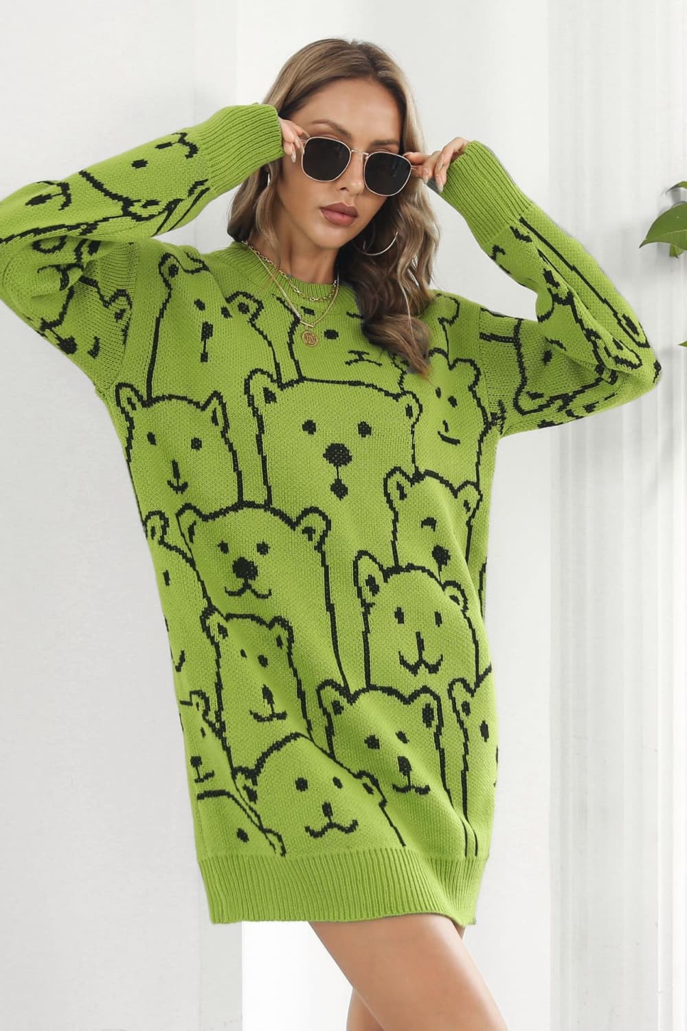 Bear Pattern Round Neck Sweater Dress - Pahabu - Women's Clothing & Shop