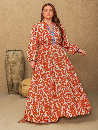 Plus Size Printed Notched Long Sleeve Maxi Dress - Pahabu - Women's Clothing & Shop