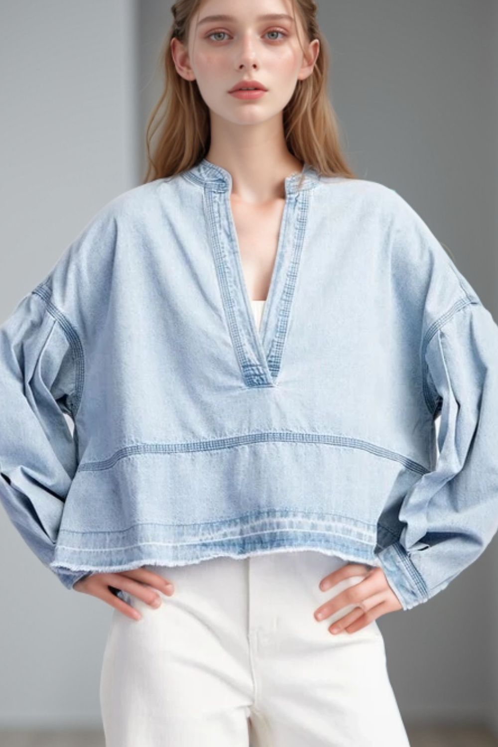 Slit Raw Hem Notched Denim Top - Pahabu - Women's Clothing & Shop