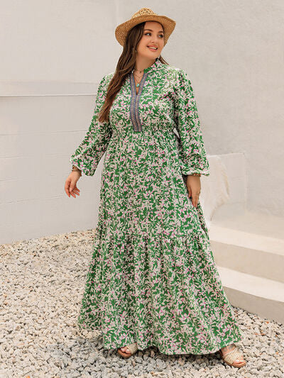 Plus Size Printed Notched Long Sleeve Maxi Dress - Pahabu - Women's Clothing & Shop