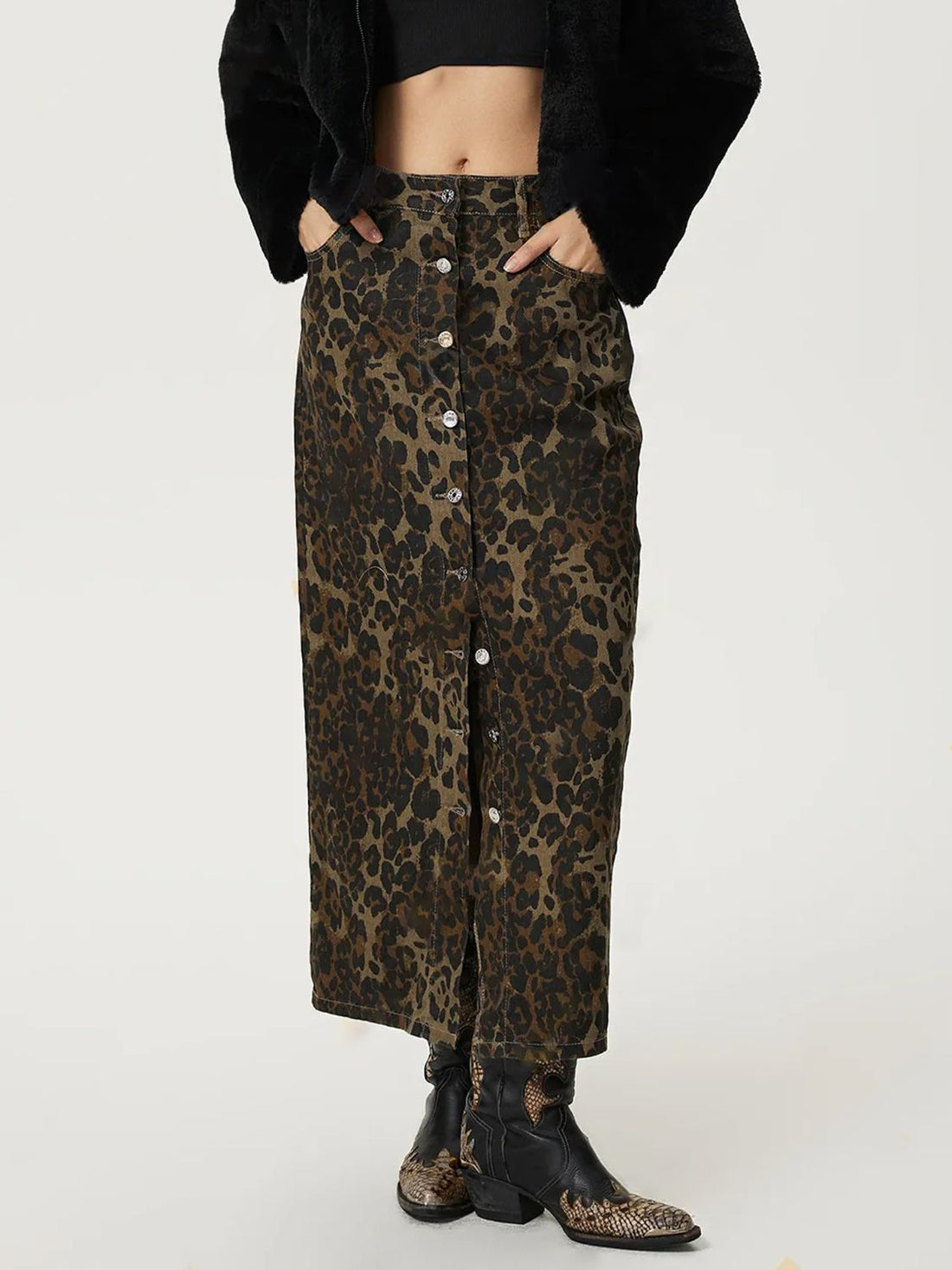 Leopard Button Up Denim Skirt - Pahabu - Women's Clothing & Shop