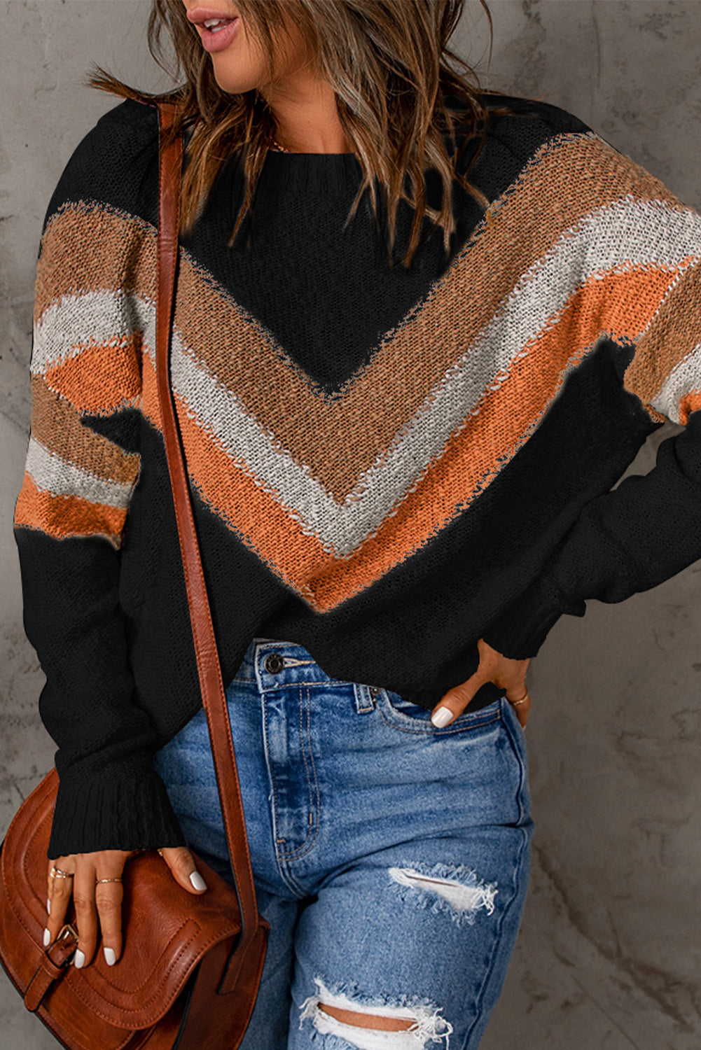Contrast Round Neck Dropped Shoulder Sweater - Pahabu - Women's Clothing & Shop