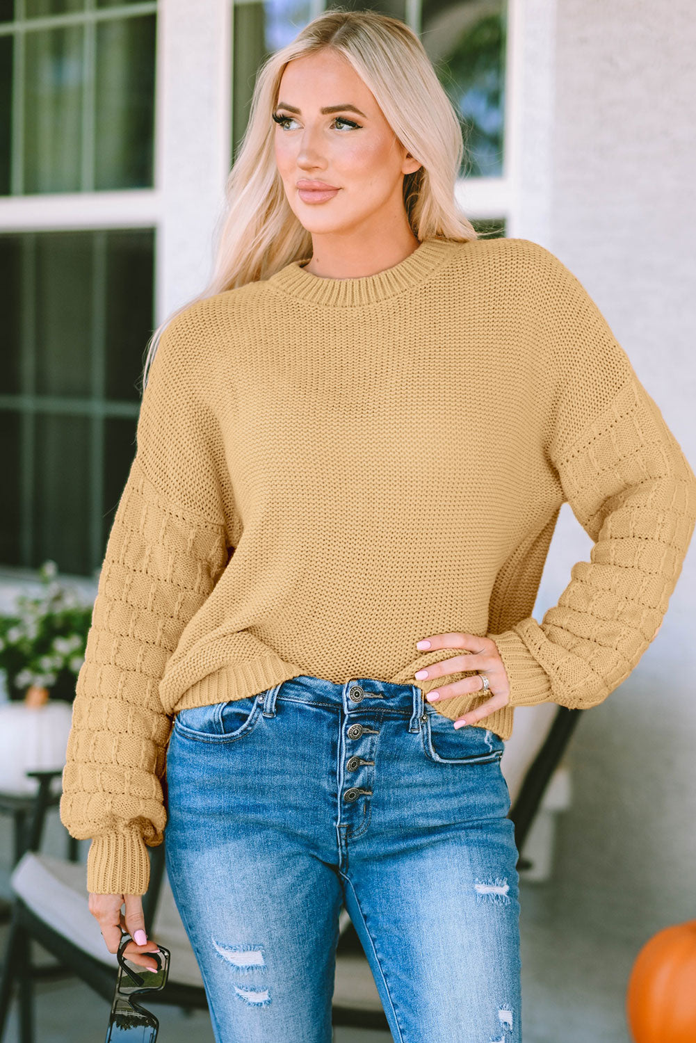 Round Neck Dropped Shoulder Waffle-Knit Sweater - Pahabu - Women's Clothing & Shop