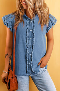 Raw Hem Button Up Cap Sleeve Denim Top - Pahabu - Women's Clothing & Shop