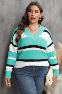 Plus Size Striped V-Neck Dropped Shoulder Sweater - Pahabu - Women's Clothing & Shop