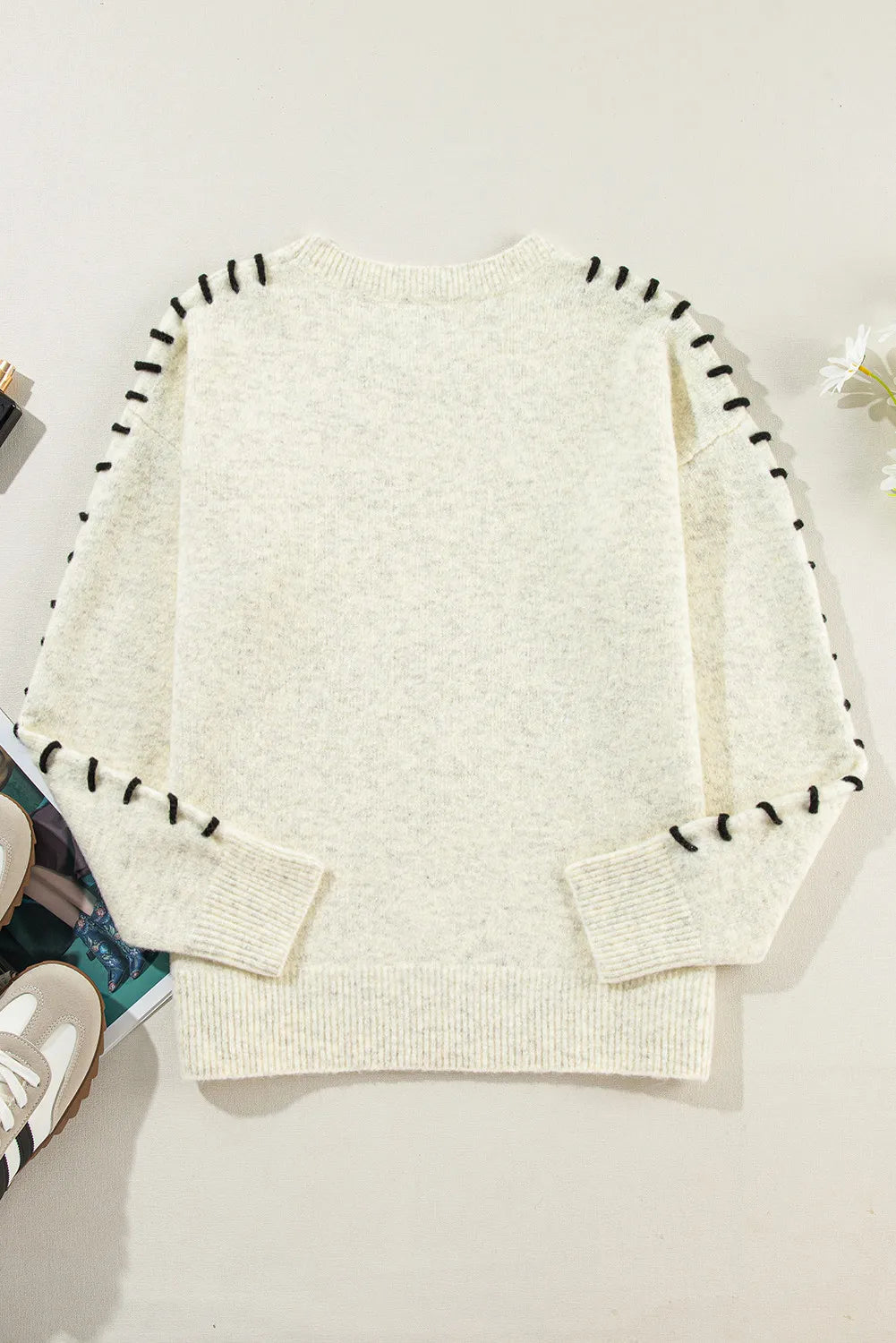 Contrast Round Neck Long Sleeve Sweater - Pahabu - Women's Clothing & Shop