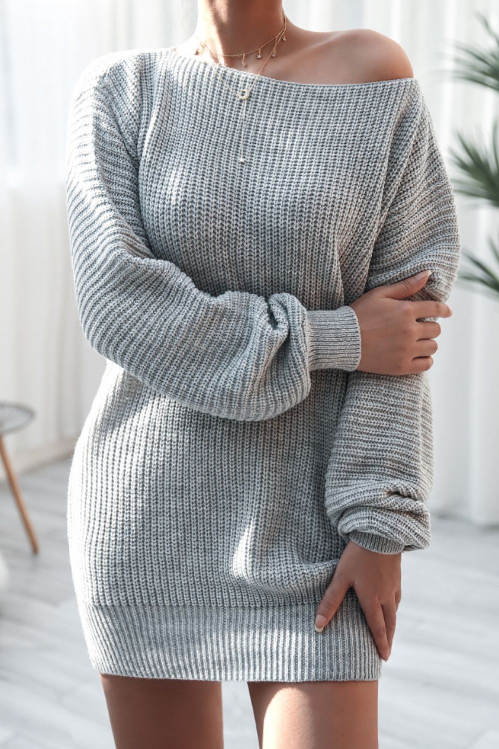 Boat Neck Long Sleeve Mini Sweater Dress - Pahabu - Women's Clothing & Shop