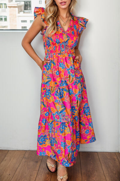 Printed V-Neck Cap Sleeve Pocketed Midi Dress - Pahabu - Women's Clothing & Shop
