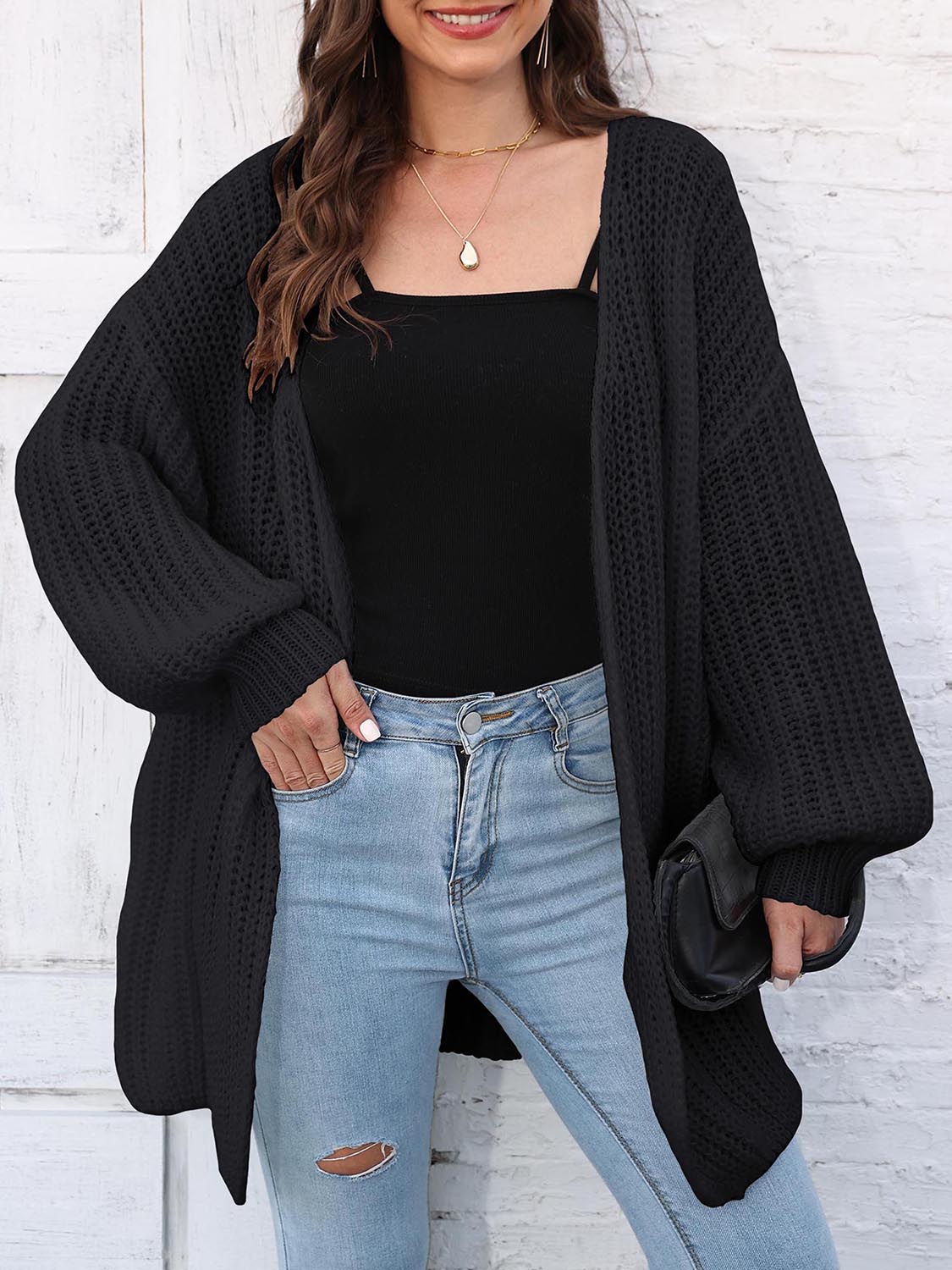 Open Front Dropped Shoulder Longline Cardigan - Pahabu - Women's Clothing & Shop