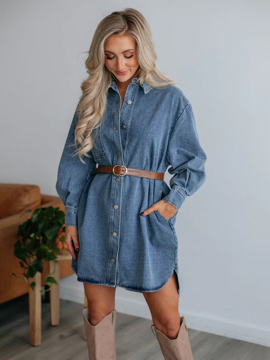 Button Up Collared Neck Long Sleeve Denim Dress - Pahabu - Women's Clothing & Shop