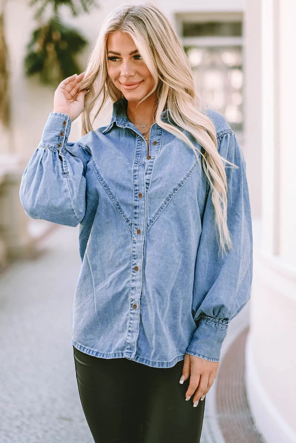 Collared Neck Lantern Sleeve Denim Top - Pahabu - Women's Clothing & Shop