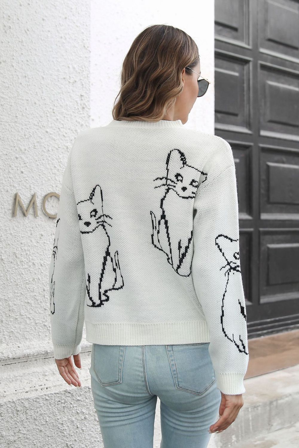 Cat Pattern Round Neck Long Sleeve Pullover Sweater - Pahabu - Women's Clothing & Shop