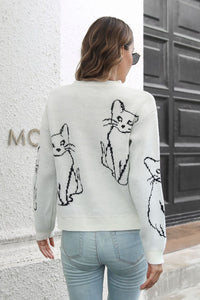 Cat Pattern Round Neck Long Sleeve Pullover Sweater - Pahabu - Women's Clothing & Shop