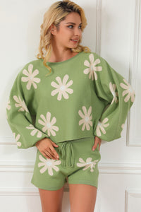 Flower Pattern Long Sleeve Sweater and Drawstring Shorts Set - Pahabu - Women's Clothing & Shop