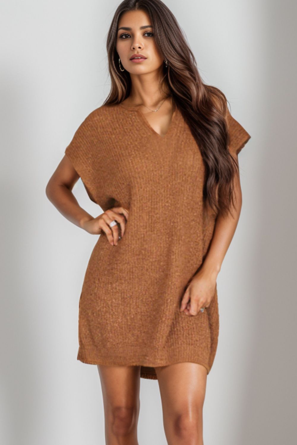 Notched Cap Sleeve Mini Sweater Dress - Pahabu - Women's Clothing & Shop