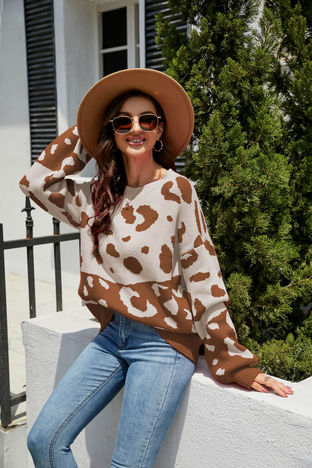 Woven Right Leopard Ribbed Trim Dropped Shoulder Sweater - Pahabu - Women's Clothing & Shop