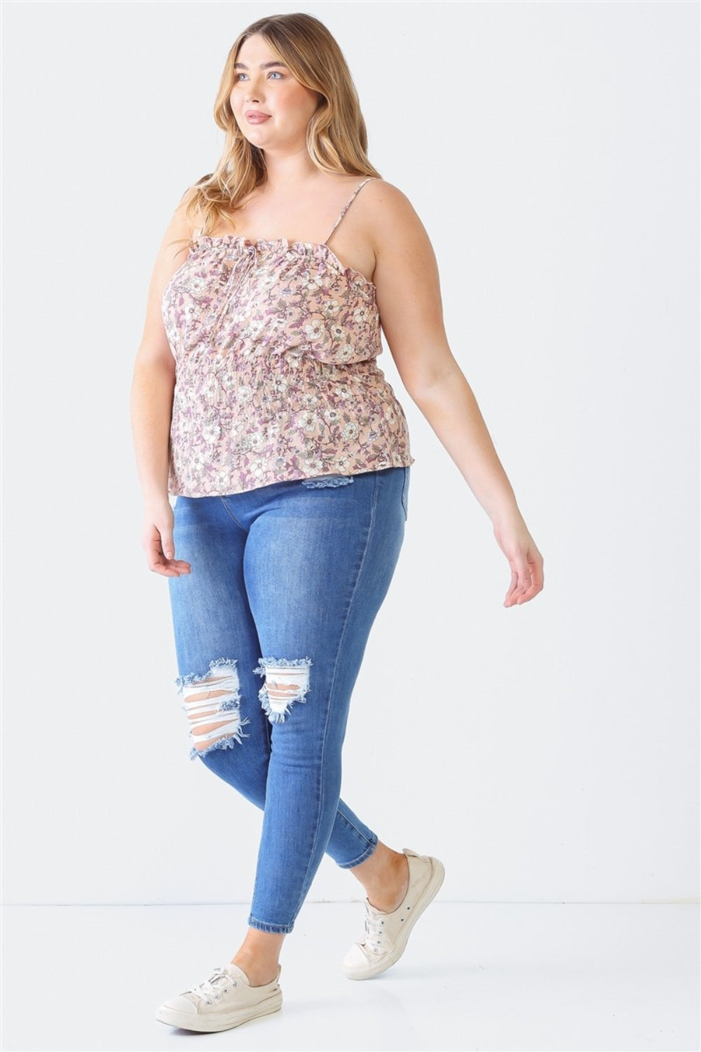 Zenobia Plus Size Frill Floral Square Neck Cami