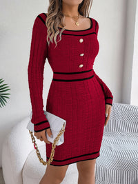 Contrast Trim Long Sleeve Sweater Dress - Pahabu - Women's Clothing & Shop