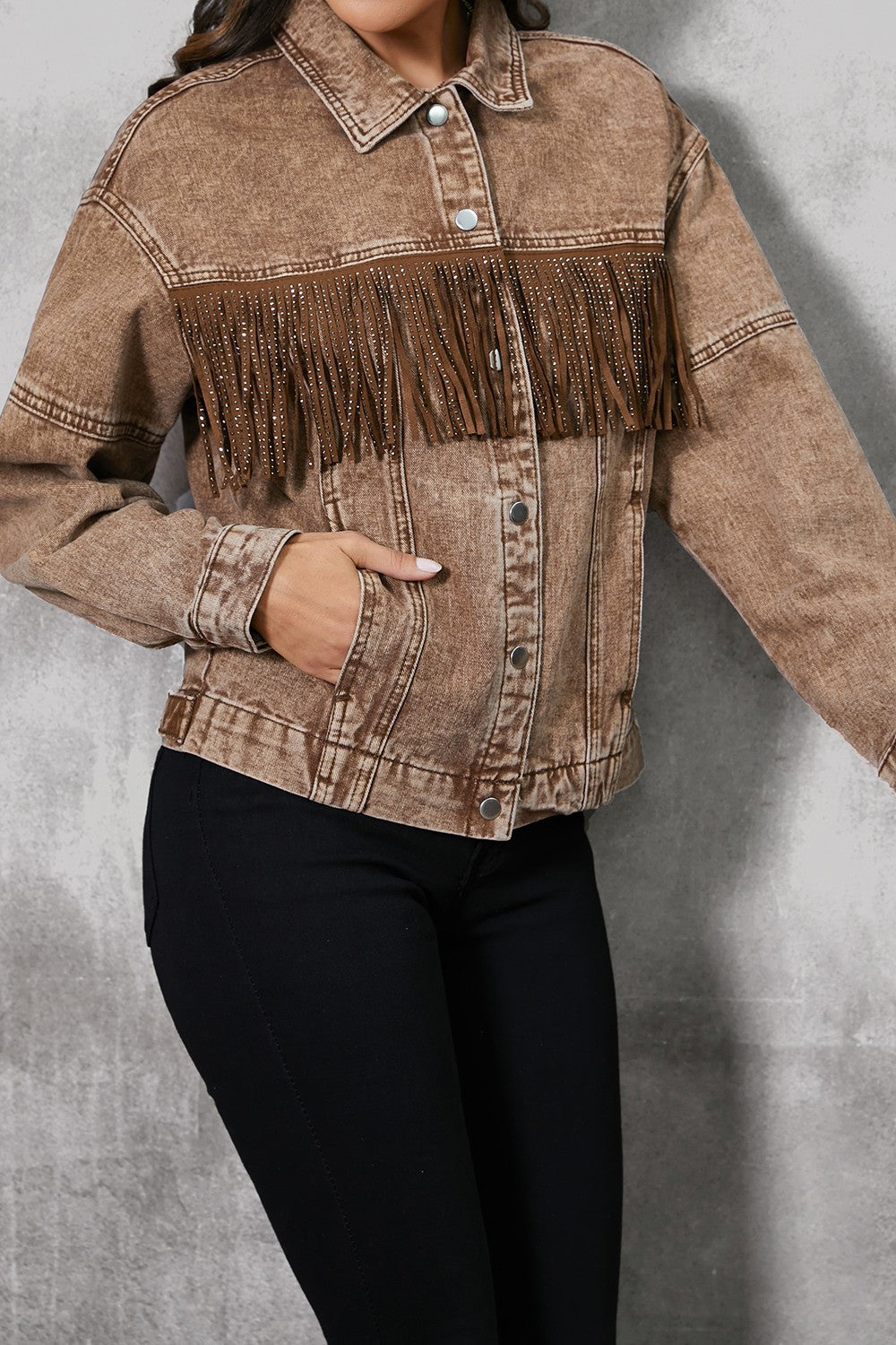 Fringe Trim Snap Down Denim Jacket - Pahabu - Women's Clothing & Shop