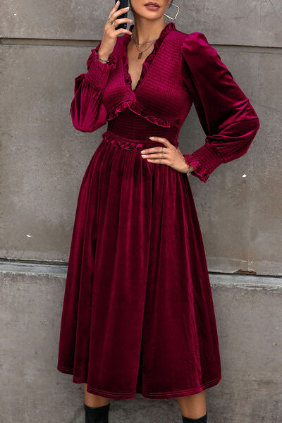 Perfee Smocked Lantern Sleeve Midi Dress - Pahabu - Women's Clothing & Shop