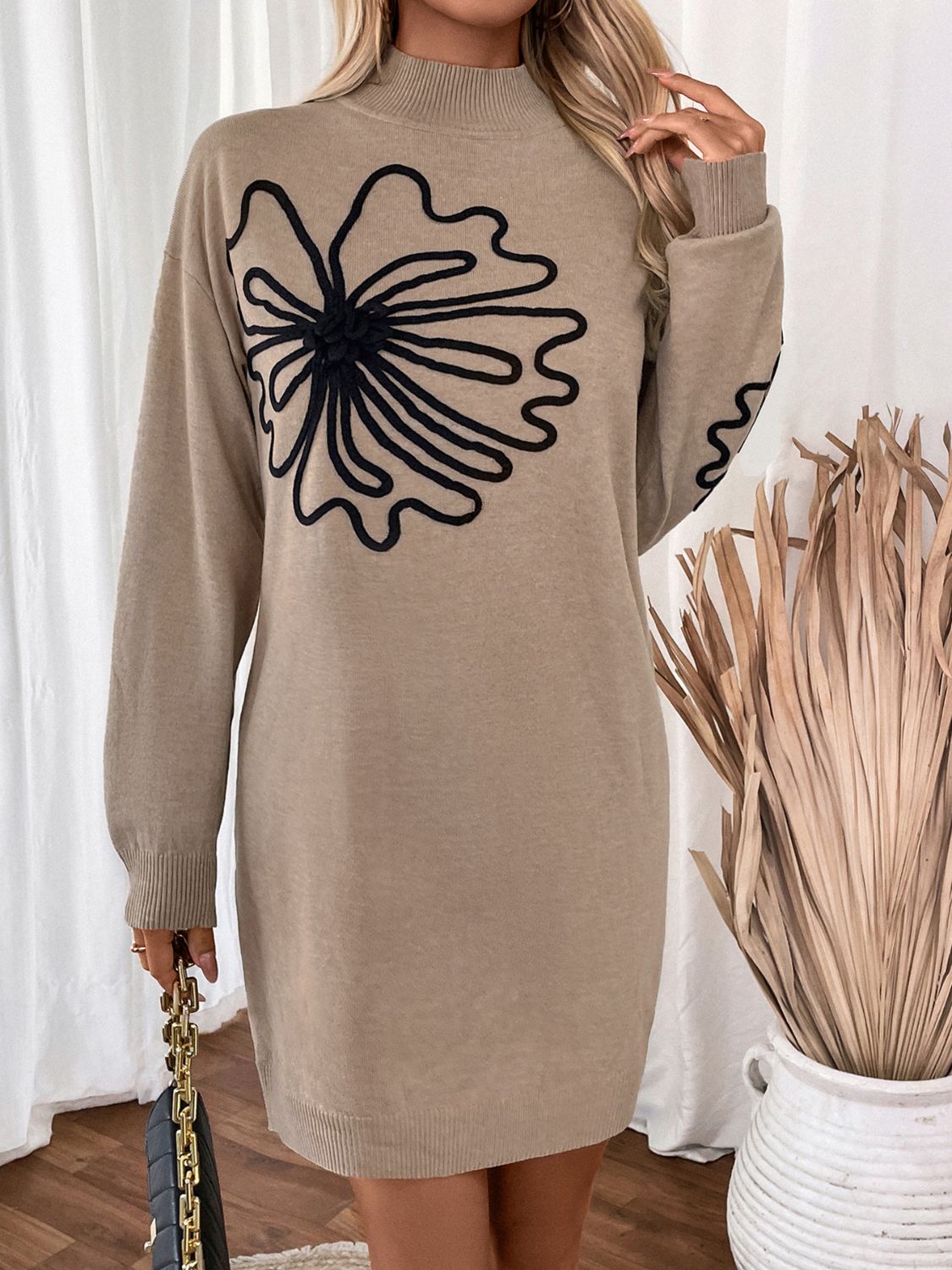 Perfee Flower Mock Neck Long Sleeve Sweater Dress - Pahabu - Women's Clothing & Shop
